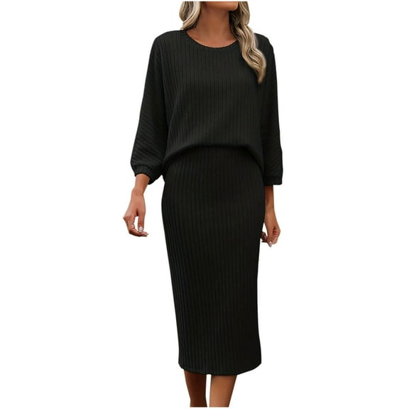 2 Piece Outfits for Women Ribbed Knit Sets Elegant Crewneck Pullover Tops with Midid Pencil Bodycon Skirt Sweater Set