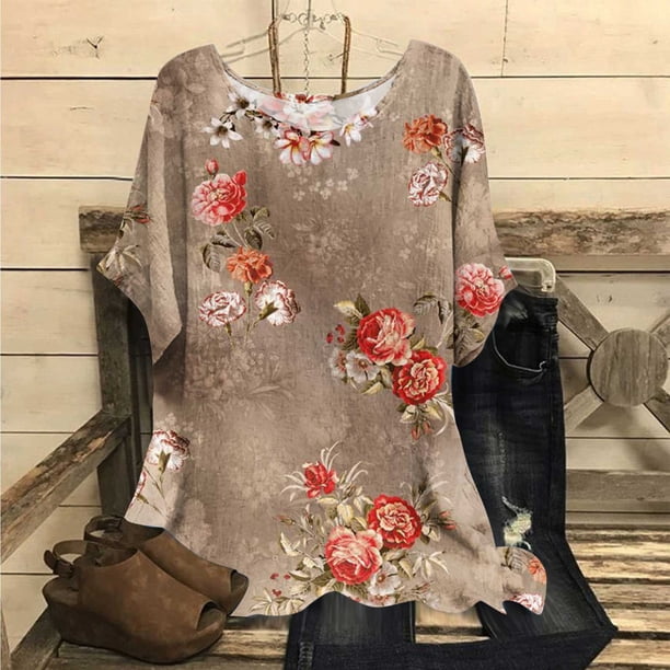 Fiudx Ofertas Relámpago Camiseta Estampada a La Moda para Mujer, Blusa de Manga Corta, Tops Informales con Cuello Redondo
