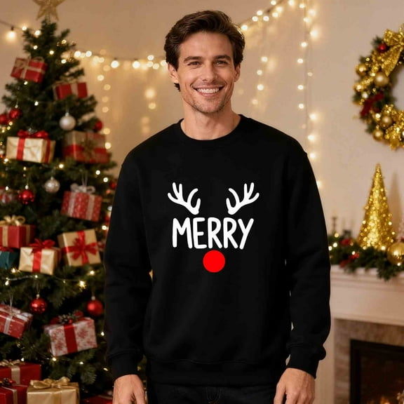 Qulqfy Mens Sweatshirt Long Sleeve Xmas Reindeer Black Christmas Fleece Lined Warm Cute Sweatshirts Matching Pjs for Couples L