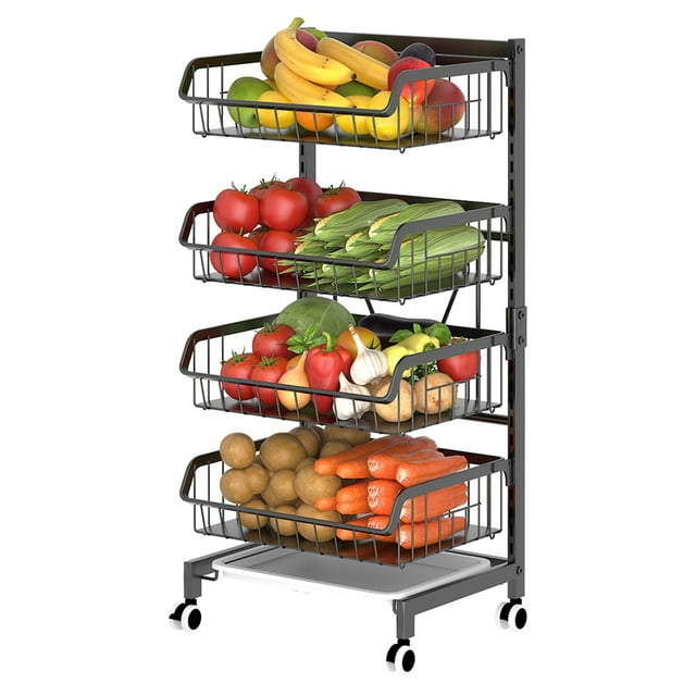 Lyrlody 4 Tier Kitchen Carts on Wheels, Adjustable Metal Kitchen Cart, Heavy Duty Rolling Utility Cart with Wooden Tabletop