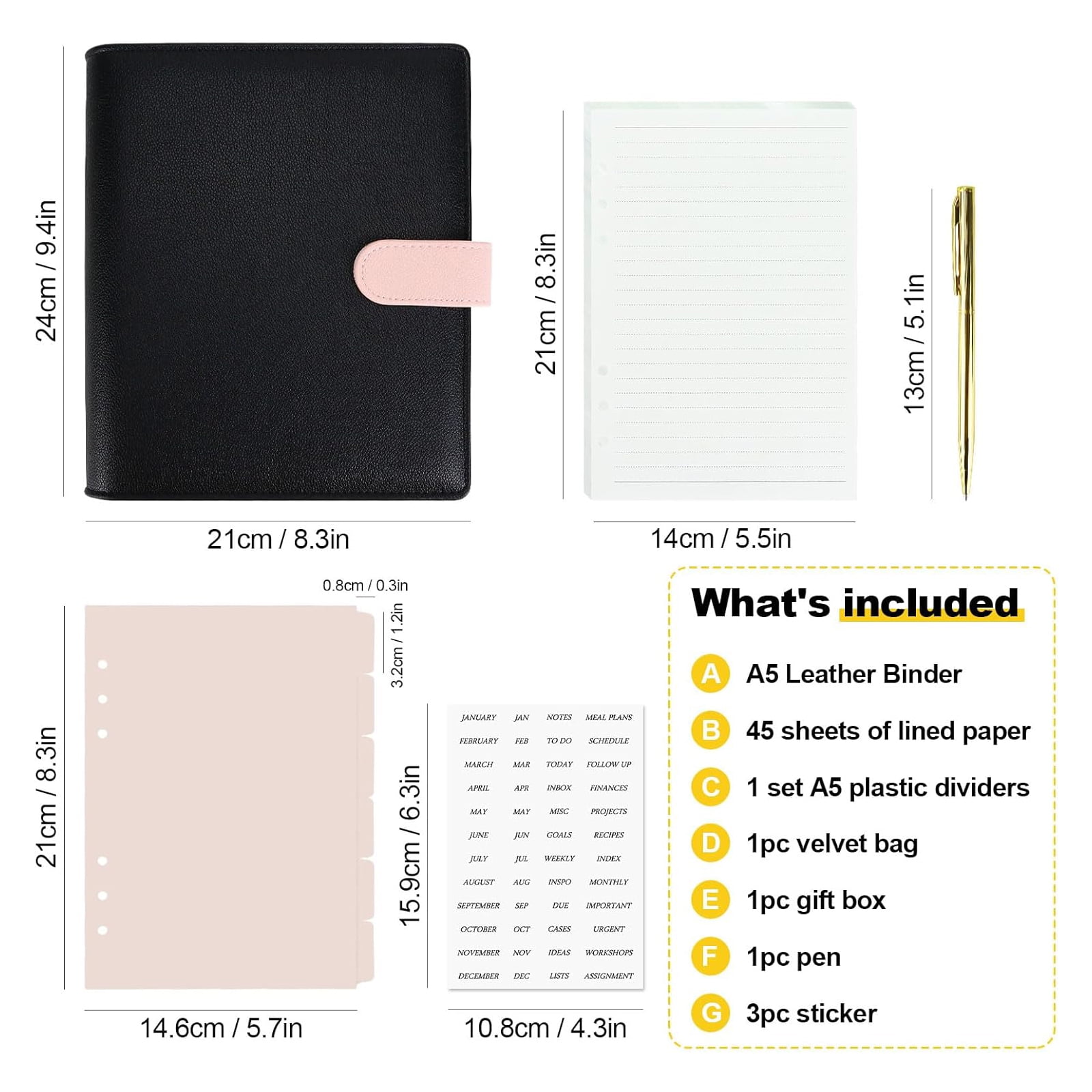 Multibey A5 Leather Binder Cover - Refillable 6-Ring Planner Organizer with Refill Paper, Dividers, Gold Pen & 3 Stickers, Leather Travel Journal Notebook Cover (Black & Pink)