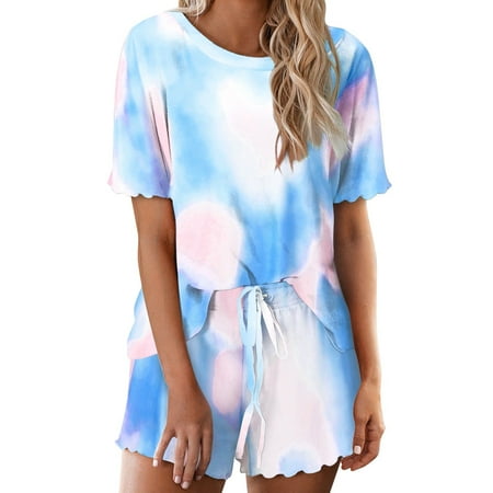 

ZMHEGW Sleepwear For Women Lingerie Brushed Tie Dye Round Neck Pullover Ladies Pajamas Pajamas