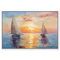 Boats sailing the Sunset Canvas Glam Beach Wall Art by Art Remedy, White Frame, 30" x 20"