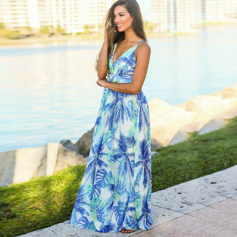 YouLoveIt Women Boho Maxi Dress Floral Dress Beach Flowy Embroidery Long  Dress Summer Spaghetti Straps Floral Maxi Dress