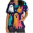 thumbnail image 5 of AGWOLF Scrub Print Top Woman Halloween Novelty Ghost Pattern Scrub Tops Short Sleeve V-Neck T-Shirts Nurse Uniform Workwear T Shirts with Pockets, 5 of 5