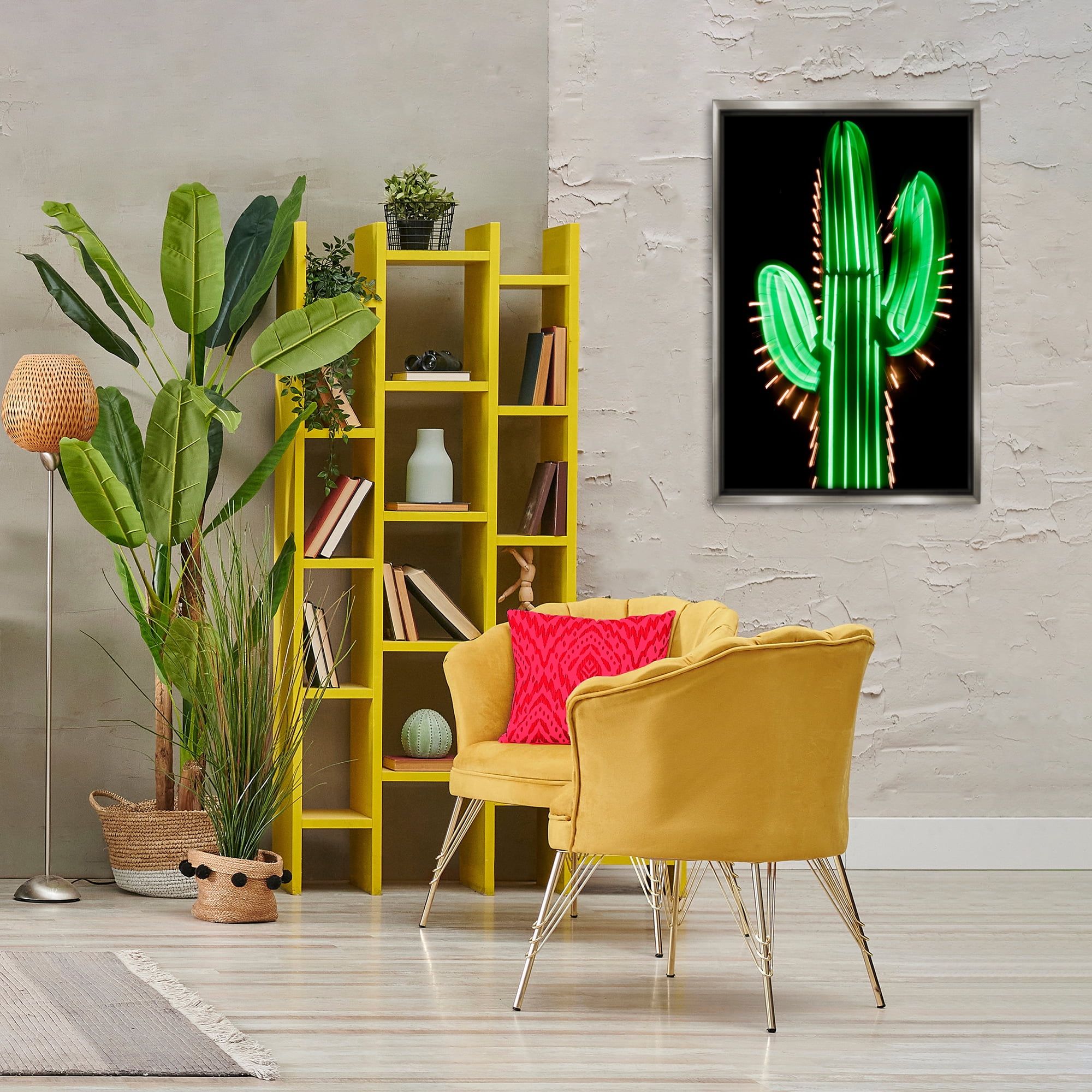 Stupell Industries Neon Lights Cactus Botanical & Floral Painting Gray Floater Framed Canvas Art Print Wall Art, 21 x 31