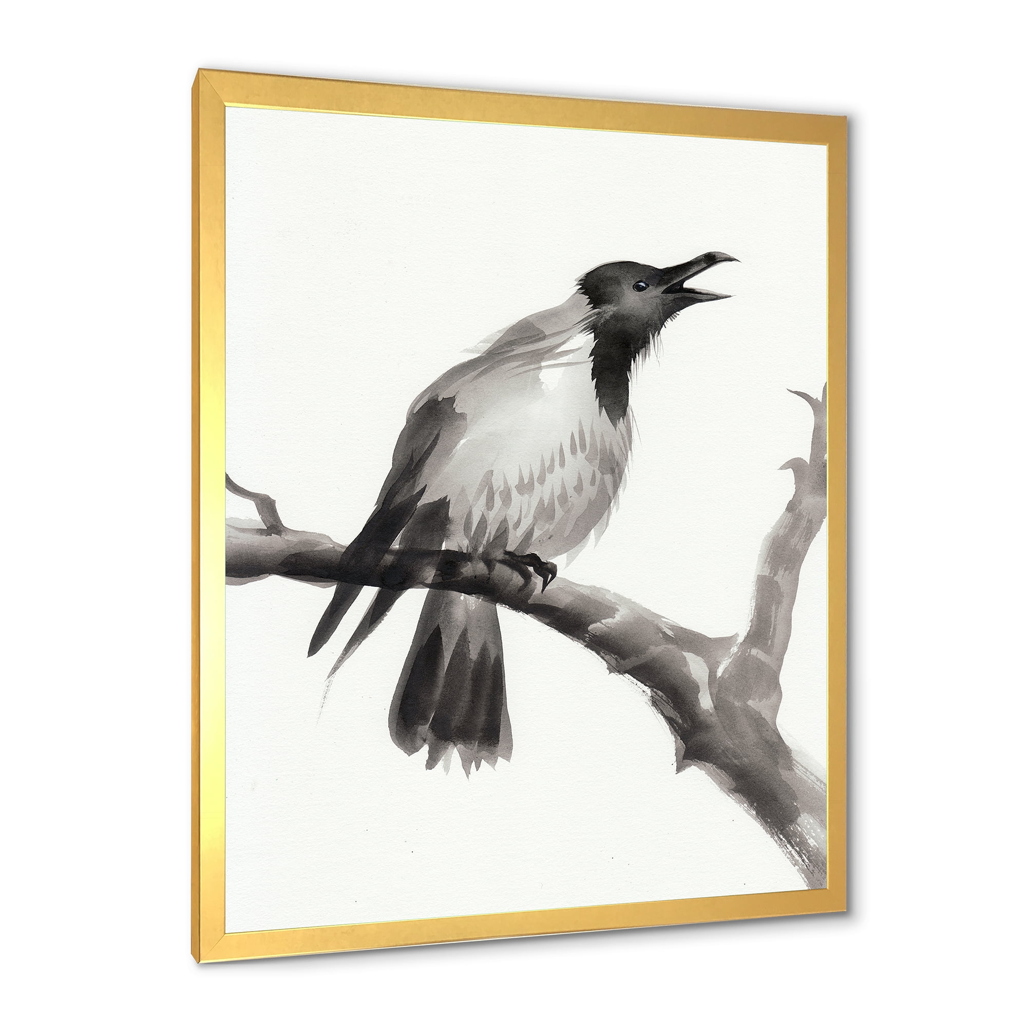 Designart 'Monochrome Crying Crow On A Branch' Traditional Framed Art Print