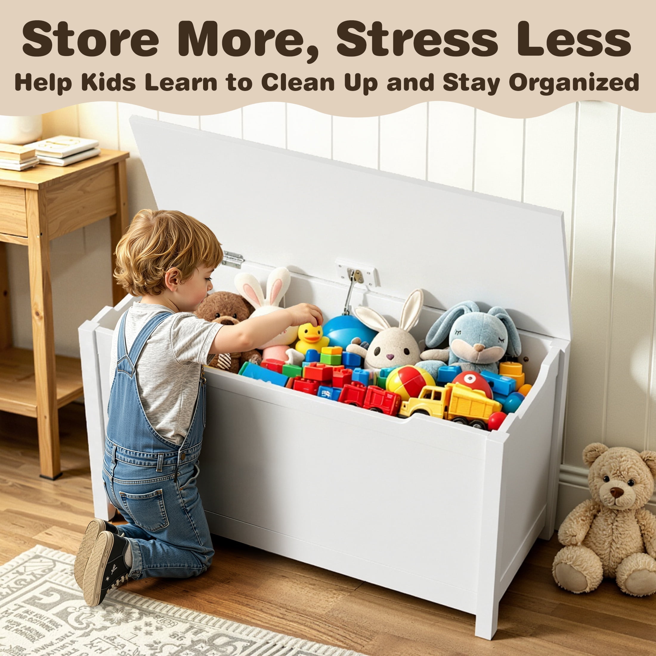 Large Toy Box with Lid, SESSLIFE Wooden Toy Chest and Seating Bench for Boys Girls, Safety Hinged Toy Storage Box, Toy Organizer for Playroom, Bedroom, Nursery, White