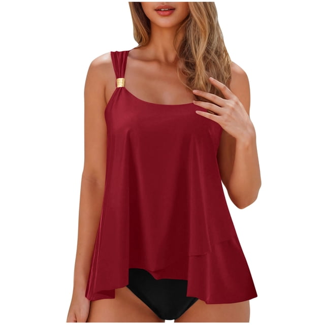 Flowy Ruffle Tankini Swimsuits for Women Beach Summer 2 Piece High Waist Bathing Suits Pool Modest Swimwear Wine, S