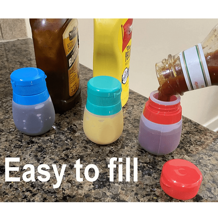 Small Travel Food Dressing Storage Silicone Bottle Containers, 3 Counts, Color Coded Flip Top Lids, Soft Squeeze Bottles for Lunch Box, RV Travel