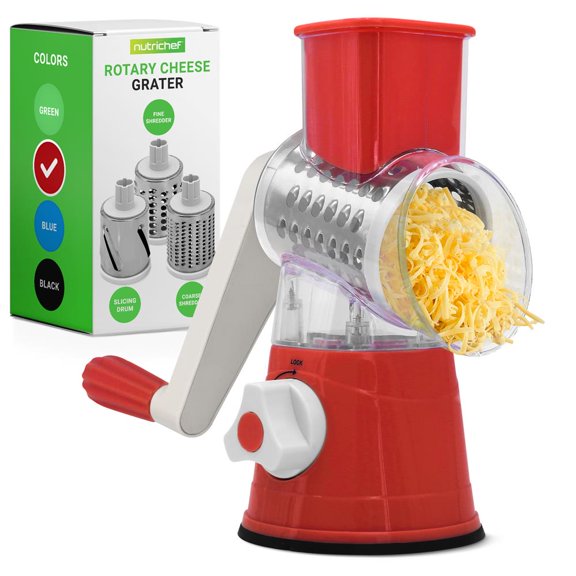 Rotary Cheese Grater with Handle and 3 Replaceable Drum Blades - Cheese Shredder and Vegetable Slicer with Storage Box and Strong Suction Base (Red)