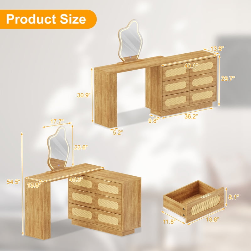 Makeup Vanity Desk with LED Lighted Mirror,Rattan Expandable L-Shaped Corner Table with 6 Drawers,2 Side Shelves,3 Color Modes & Adjustable Brightness Dressing Table for Bedroom Makeup,Home Office