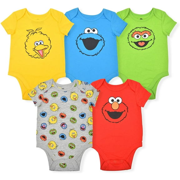 Sesame Street Boy's 5-Piece Short Sleeve Baby Bodysuit creeper Multi-Colored Set