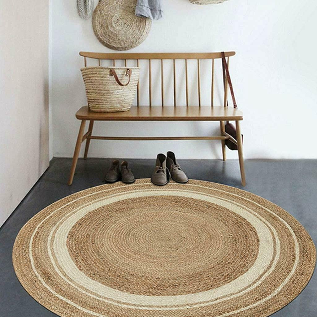 Natural Jute Rug Hand Braided Round Area Rug Handmade Rug for Home Decor (3 Feet Round (36x36 Inches), Beige + WhiteLine)