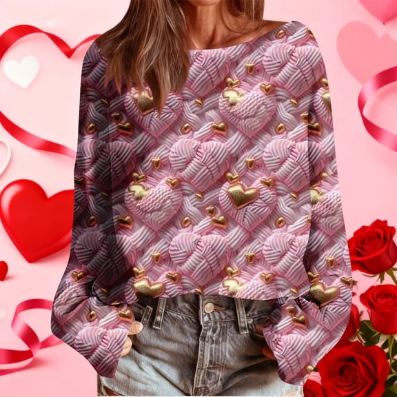 ClodeEU Women's Valentine's Day Print Round Neck Bat Sleeve Casual Top, Fall Tunic Blouses f-Pink,Womens Plus S
