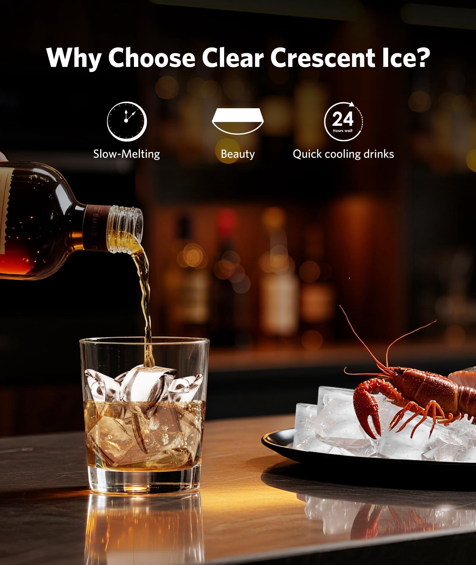 Auseo Crescent Ice Maker Countertop, 16pcs Crystal Clear Ice Cubes in 12 Min, 26 lbs/24H, 2000 Cubes Daily Portable Ice Machine with Self-Cleaning & Timer, Ideal for Home, Office, Party