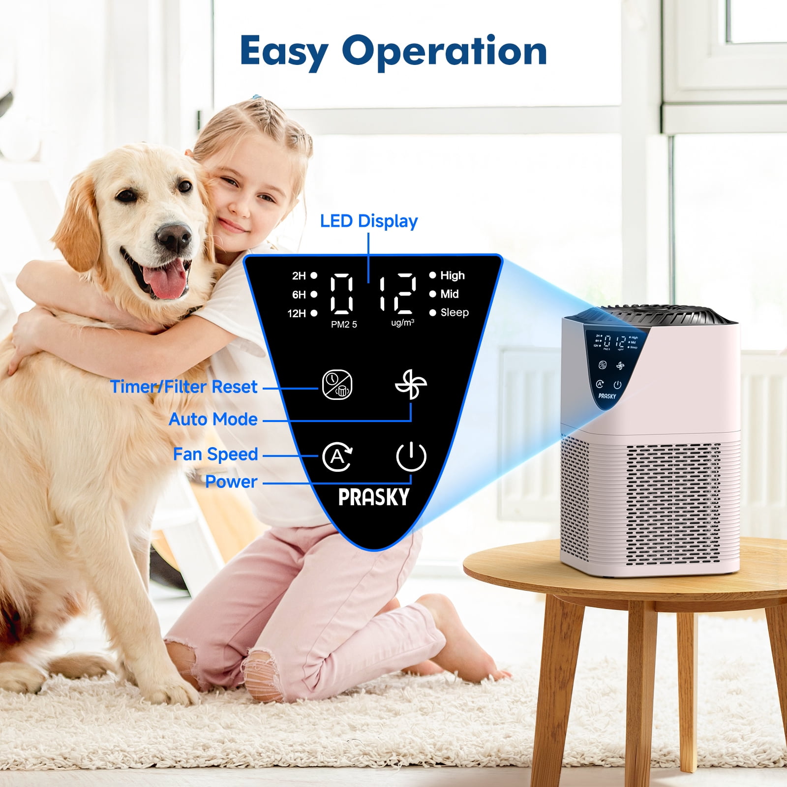 PRASKY Air Purifier for Home 1076 Sq Ft Coverage, True HEPA Filter for Pets, Smoke & Allergies | Quiet & Portable for Bedroom/Living Room (Pink)