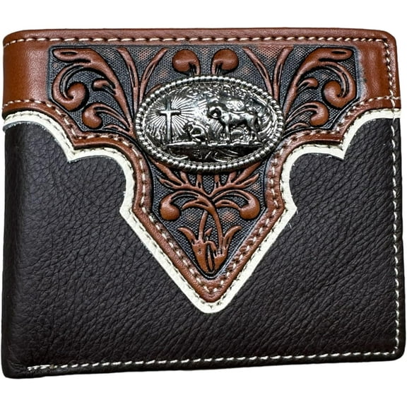 Western Stakes Mens Wallet Floral Tooled Cowboy Praying Concho Embossed Cowboy Western Leather Wallet High End Leather Mens Wallets Leather Rodeo Gifts For Men (Coffee)