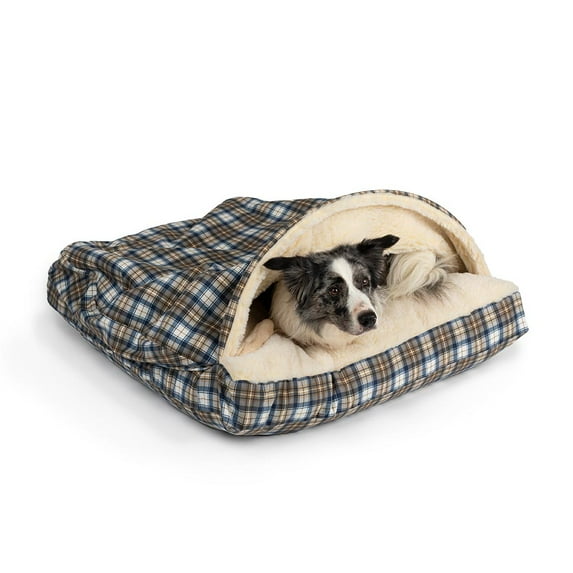 Snoozer Cozy Cave Square Pet Bed, Small, Blue Plaid, Hooded Nesting Dog Bed