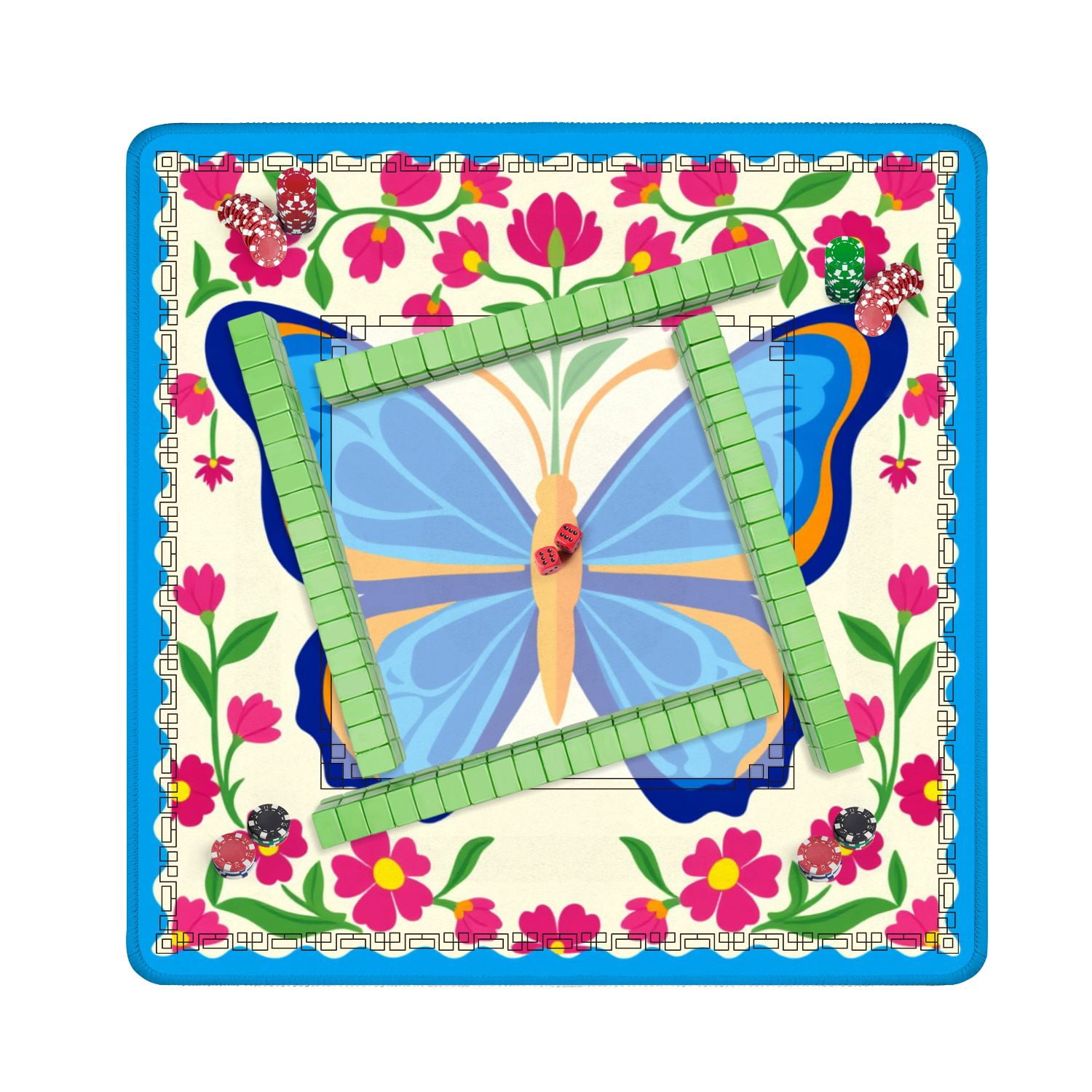 Mahjong Mat 31.5" x 31.5" Colorful Blue Orange Butterfly Pink Flowers Decorative Frame Non-Slip Noise Reduction American Mahjong Tiles Table Cover for Dominoes Poker Card Board Games Gift