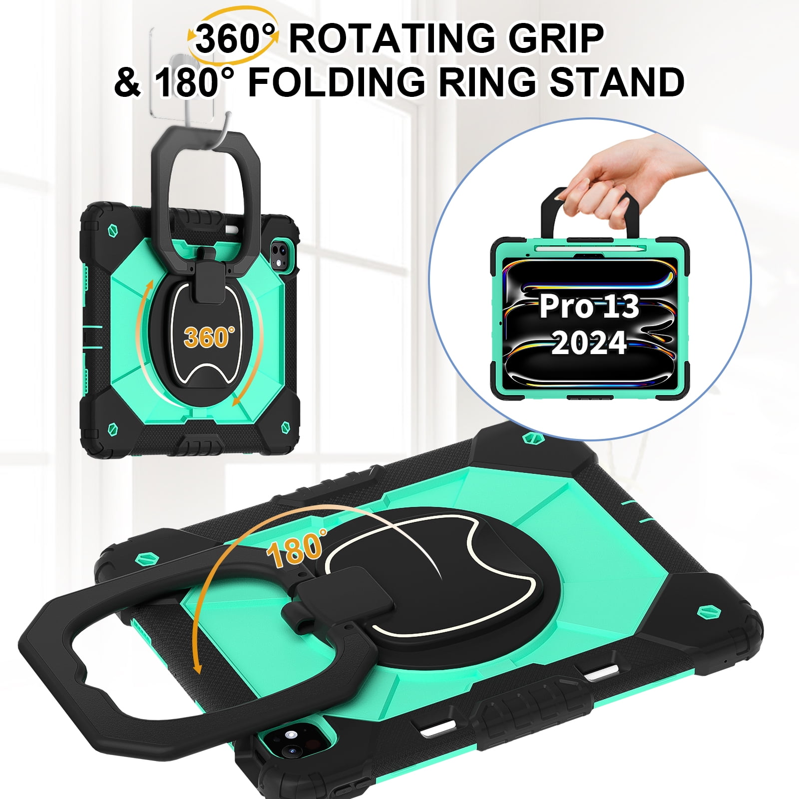 Decase Kids Case for Apple iPad Pro 13 13-inch (M5)(M4) 2025/2024,Shockproof Rotatable Stand Cover,Detachable Shoulder Strap,Rugged 3-Layer Tablet Shell with Pen Holder,Black+Mint