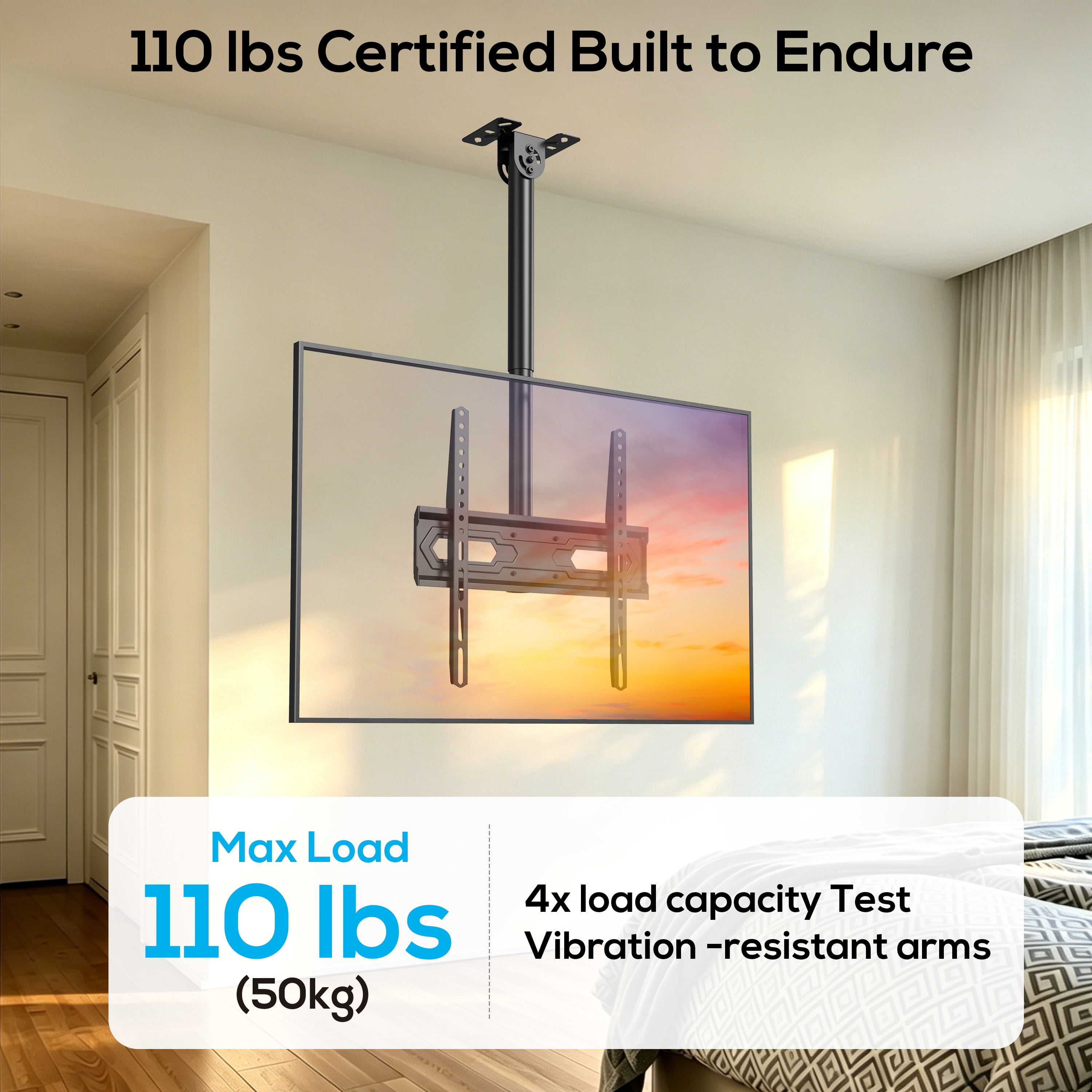 USX MOUNT Ceiling TV Mount for 26-74 inch TVs & Supports up to 110 Lbs, 360° Swivel, 6 Adjustable Height Setting, Full Motion TV Wall mount Max VESA 400x400mm