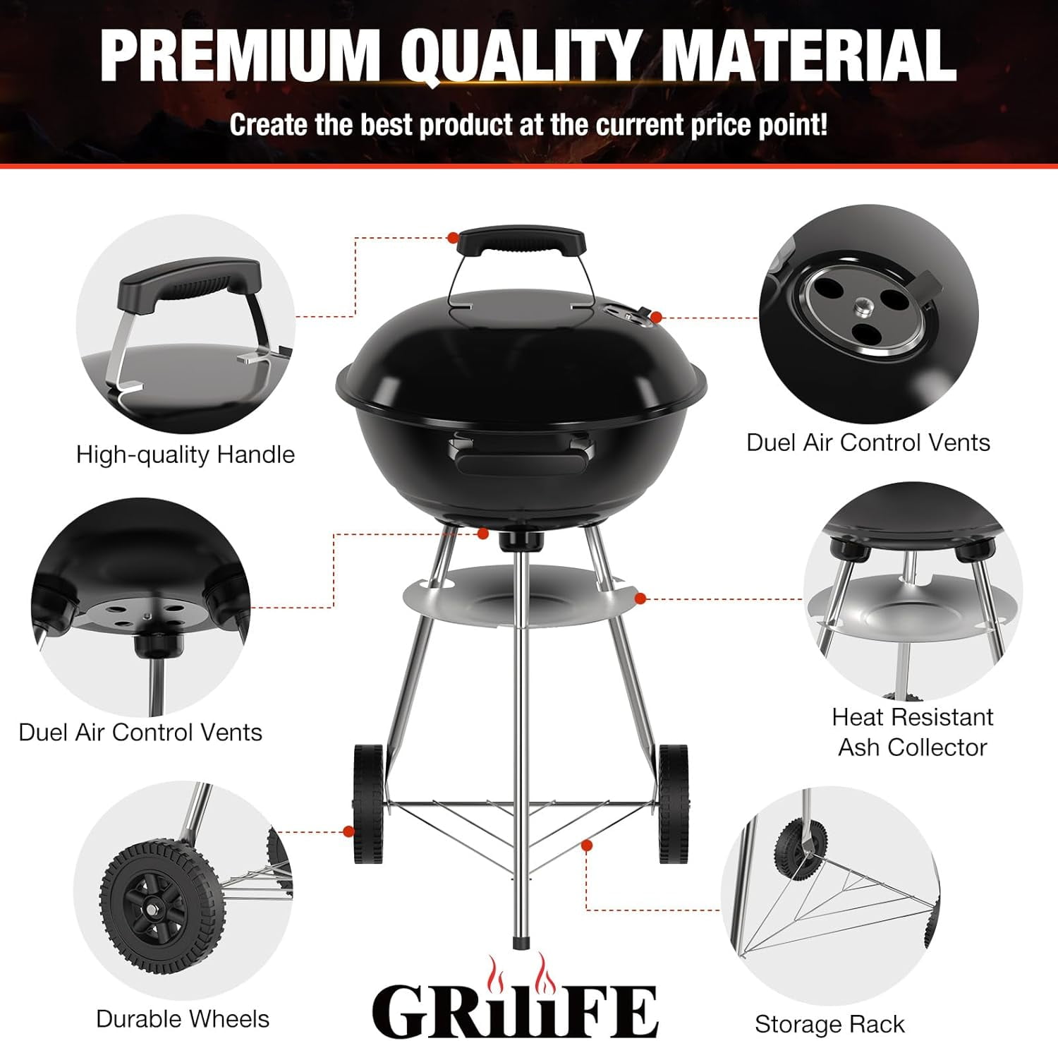 18 Inch Portable Charcoal Grill with Wheels and Lid Bestseling