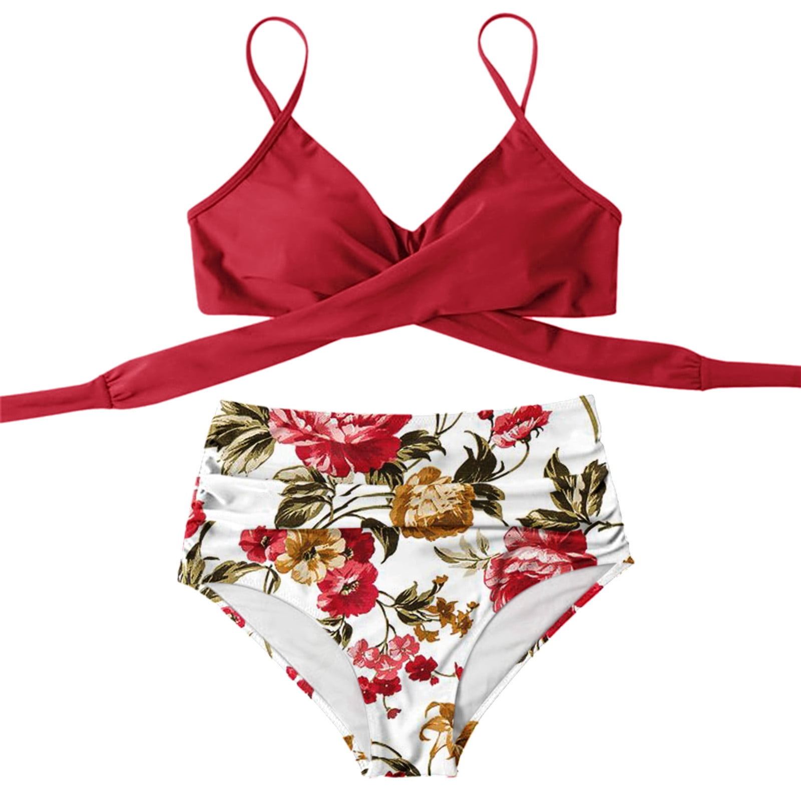 Women Criss Cross High Waisted String Floral Printed 2 Piece Bathing Suits Wrap Bikini Set Push Up High Swimsuits 