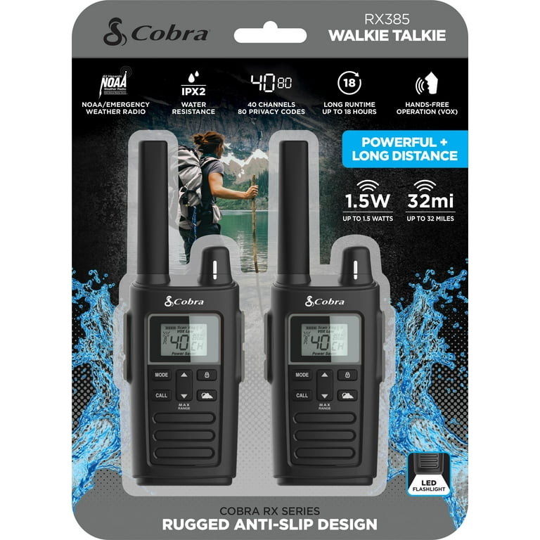 Cobra RX385 Two-Way Radios (Pair) Rugged and Water Resistant Walkie Talkies,  up to 32 mile Extended Range & 40 Channels, NOAA Weather Chanels and  Weather Alerts 