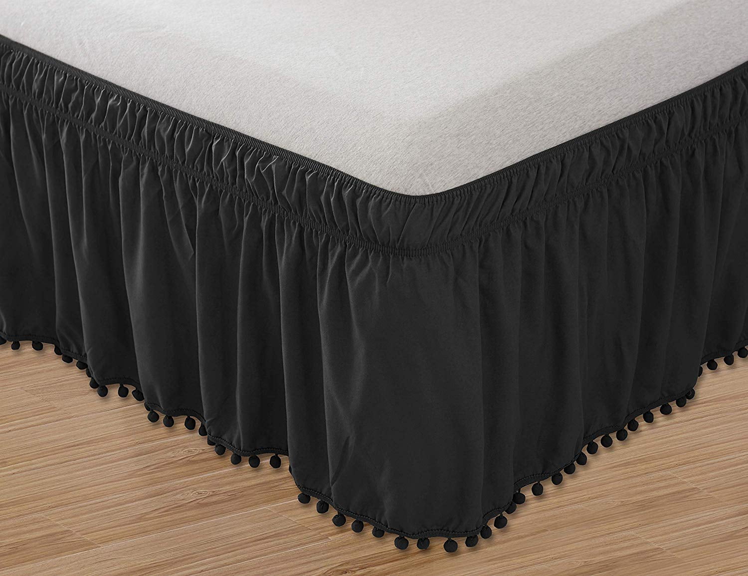 Bed Skirt Elastic Bed Wrap Wrinkle Resistant 16inch Drop Queen King Black