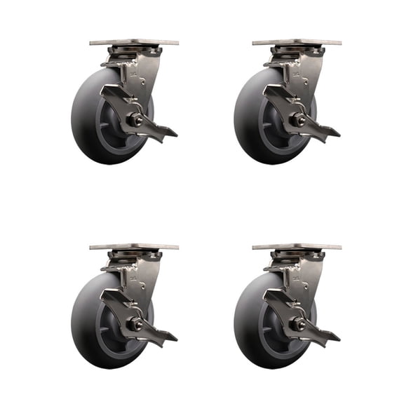 6 Inch 316SS Thermo Rubber Donut Tread Swivel Caster Set w/Ball Bearings& Brakes
