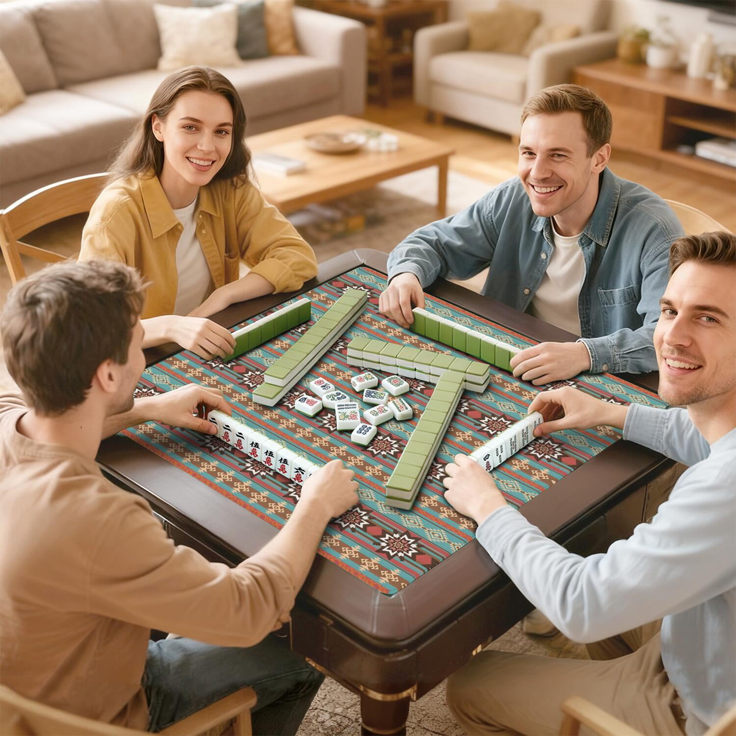 Traditional Boho Pattern Anti-Skid Rubber Table Topper 31.5x31.5 Inch Mahjong Playing Mat with Quiet Surface for Card Games Board Games and Game Nights