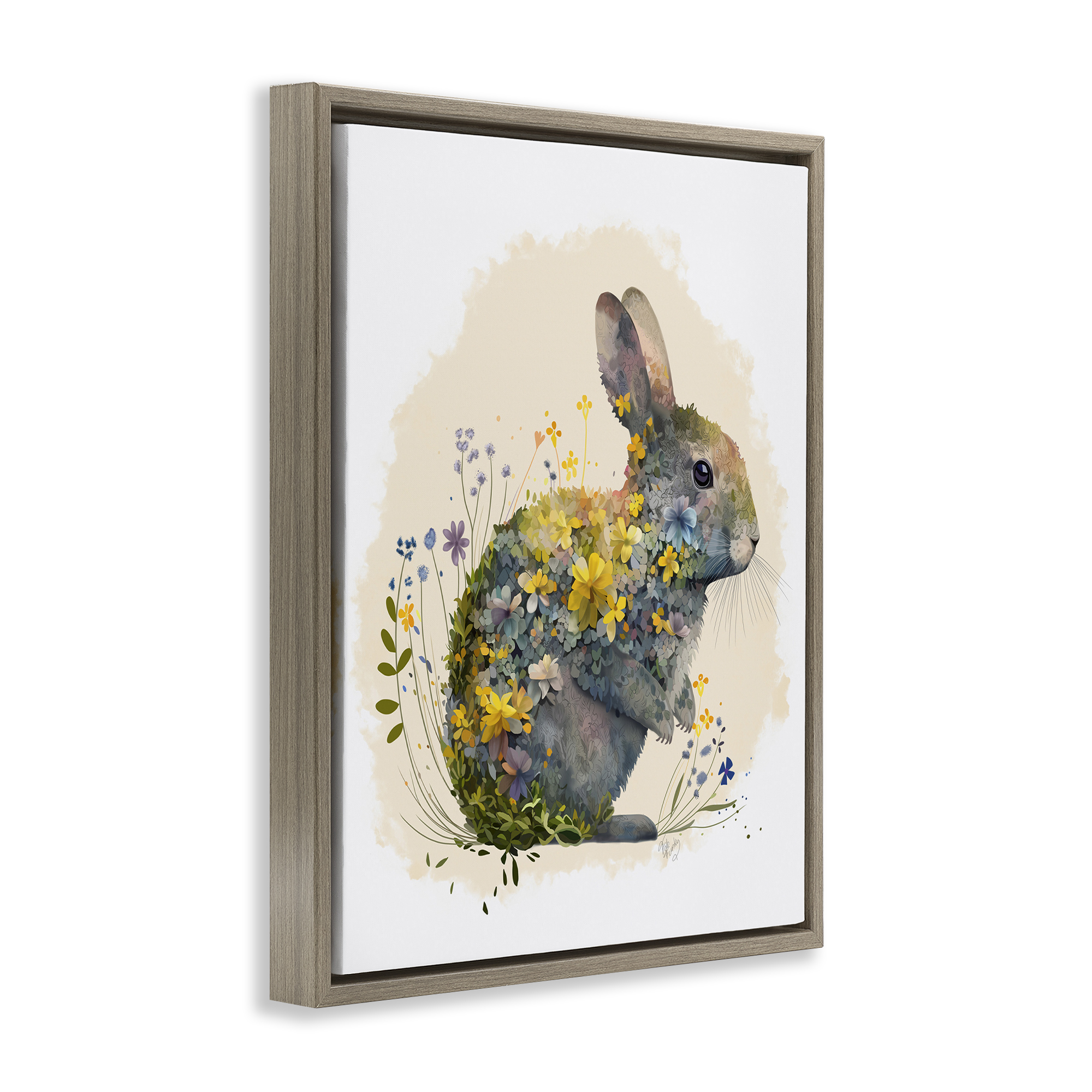 Stupell Industries Rabbit with Buttercup Flowers Animals & Insects Painting Brown Floater Framed Canvas Art Print Wall Art, 17 x 21