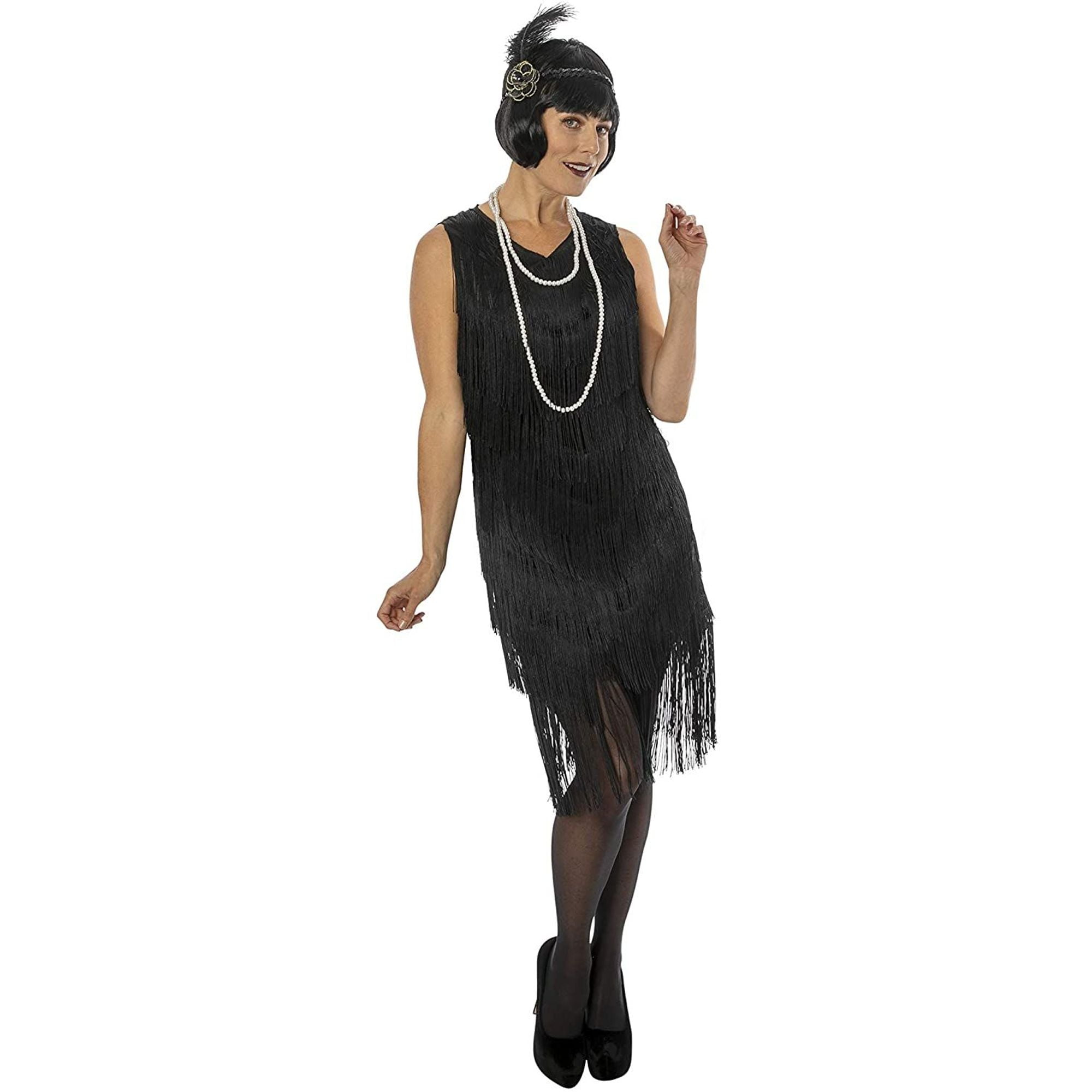 LADIES BLACK 20s FRINGED FLAPPER COSTUME WOMENS 20s GATSBY SHOW GIRL FANCY DRESS 