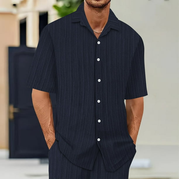 pstuiky camisetas para hombre, Conjunto informal de verano para hombre, de color liso, de manga corta, con solapa y cordón elástico en la cintura. camisetas de hombre s
