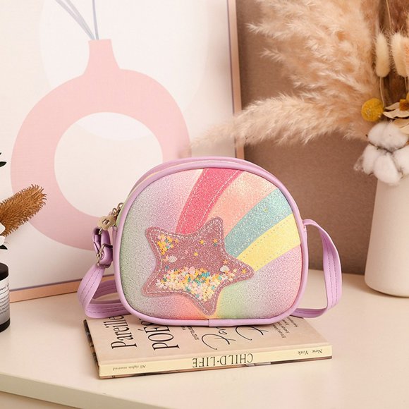 Kids Messenger Bag Cute Crossbody Purse for Girls Lightweight Small Shoulder Bag with Shiny Rainbow Design for Outdoor Adventure and Daily Use