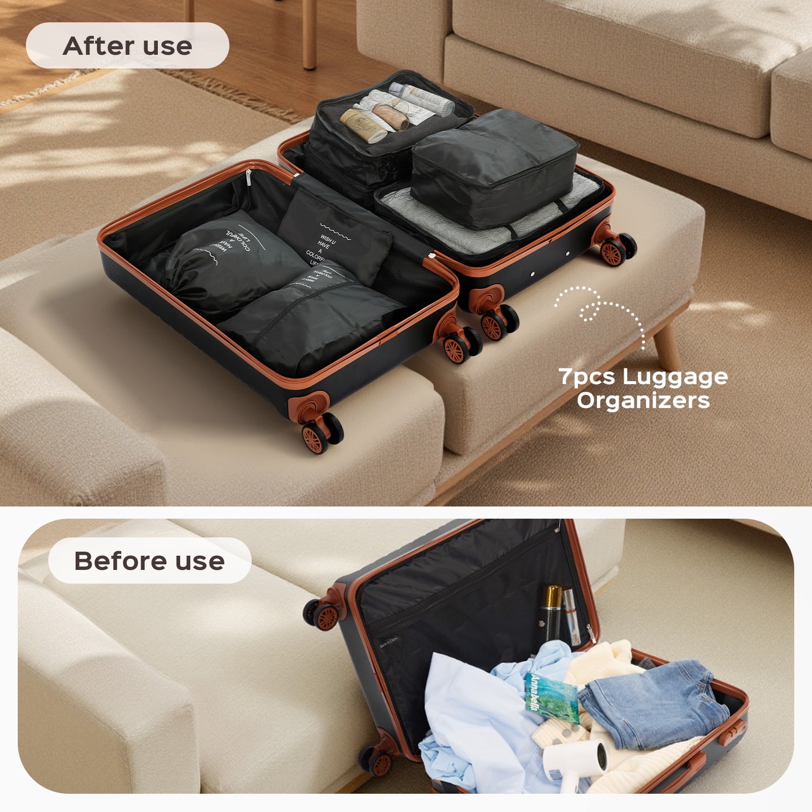 3 Piece Luggage Sets Travel Suitcase Set with 7PCS Organizer Bags, Black&Brown
