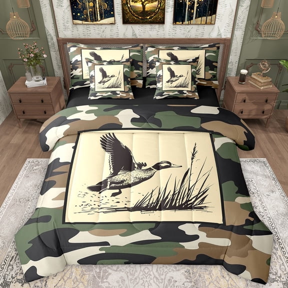 Manfei Vintage Camouflage 7-Piece Twin Bedding Sets,Mallard Duck Bedding Comforter Set,Beige Green Camo Sheet Sets For Men Women,Ultra Soft Home Decor Reversible