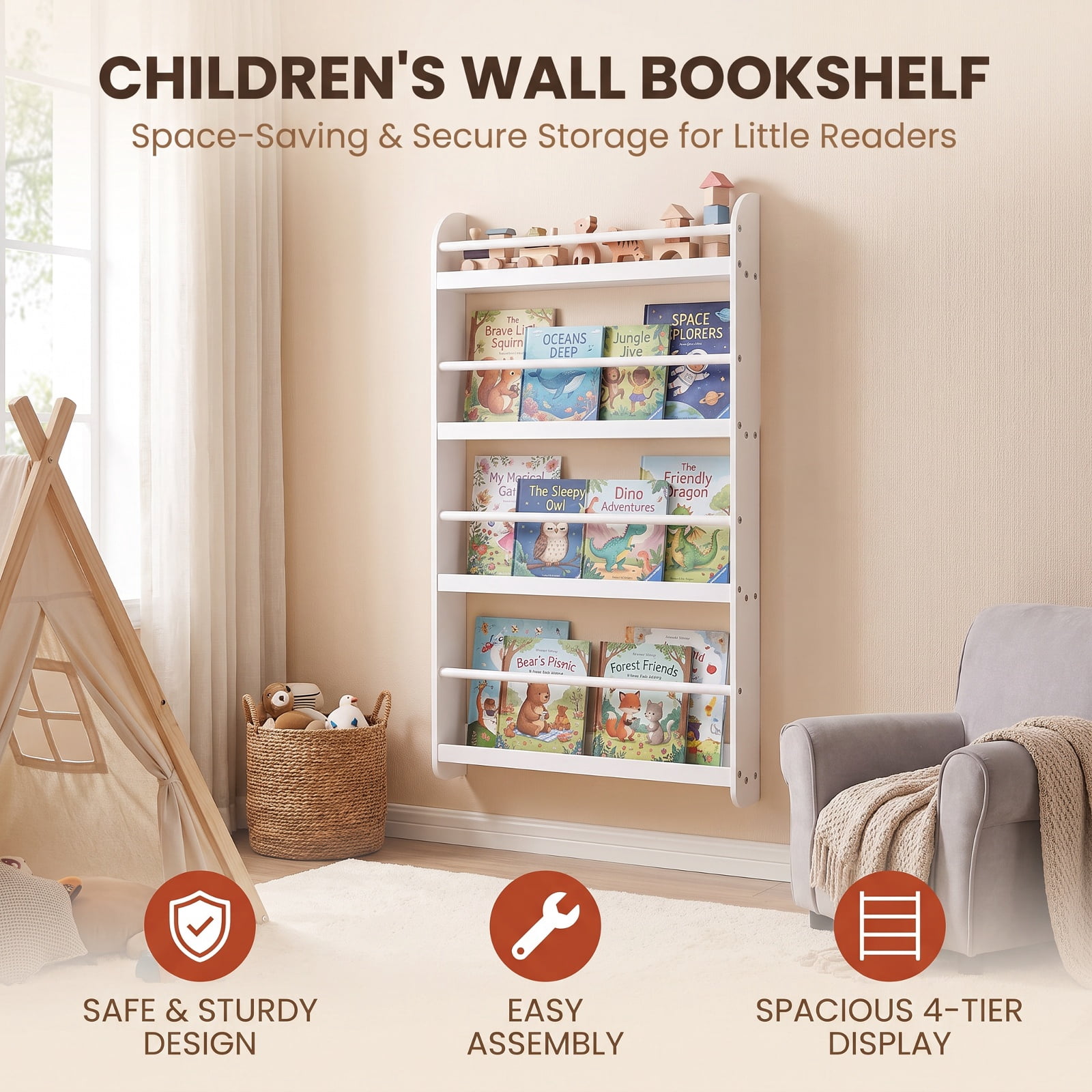 Furnibear 4-Tier Bookshelf Organizer for Toys and Books with Basswood Crossbar for Living Room Home Office Bedroom Display Storage Shelf, White