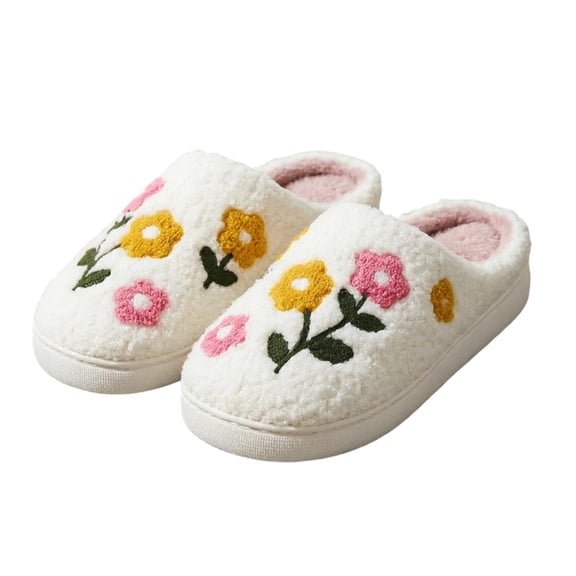 Wensltd Women Closed Toe Slide Slippers Plush Warm Wide Width Indoor Slippers For Winter Wear Solid Color