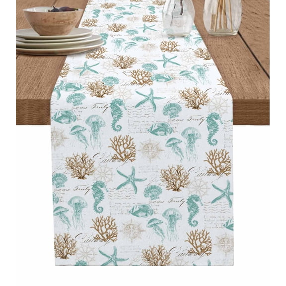 Hokiten Table Runners 36 Inches Long Dress Scarves, Aqua Coastal Farmhouse Kitchen/Dining Table Runner, Short Coffee Tablerunners, Farmhouse Ocean Seahorse Coral Starfish 13x36 Inch