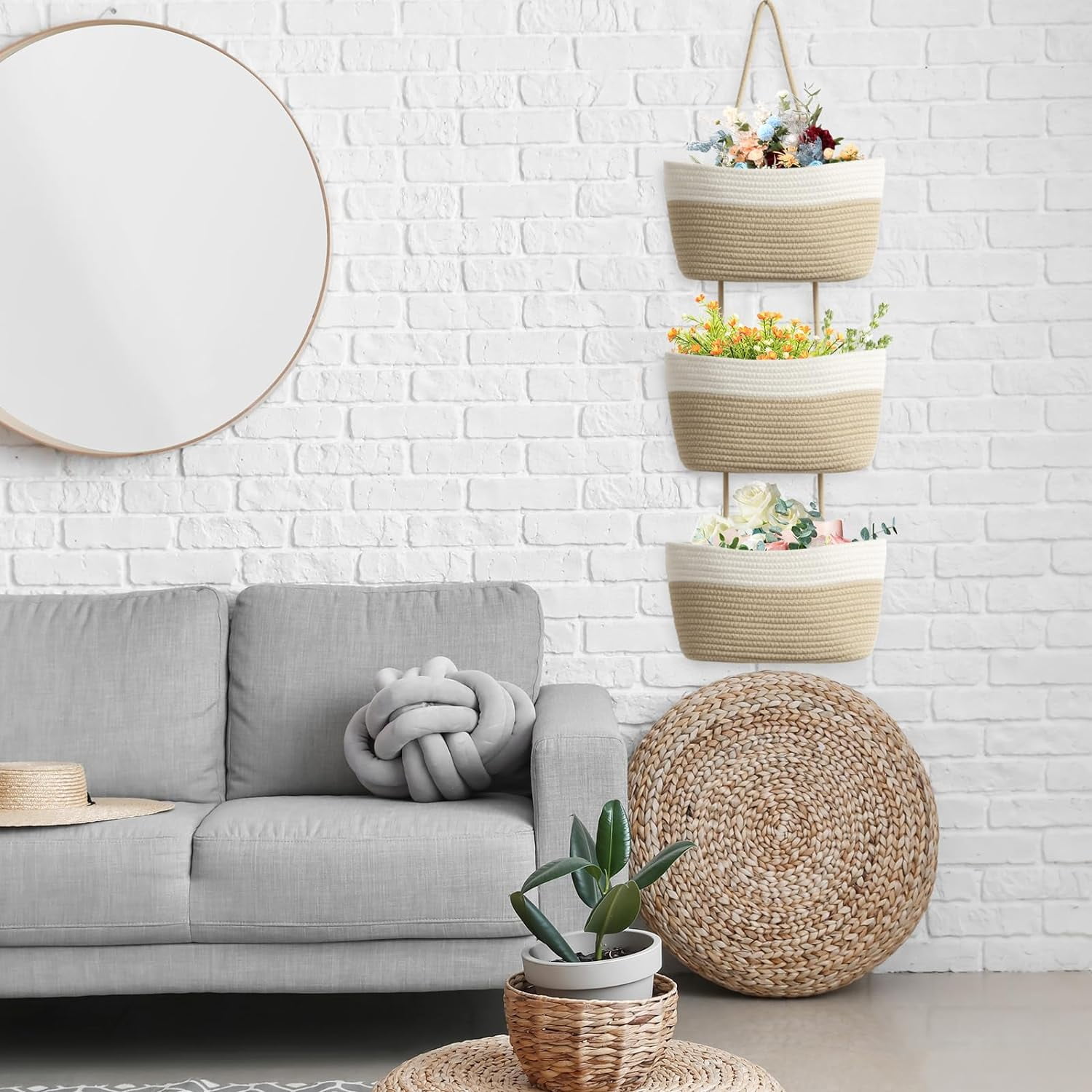 Over the Door Hanging Basket, 3-Tier Woven Cotton Wall-Mounted Storage Organizer Bag Decorative Hanging Nursery Baskets - Jute