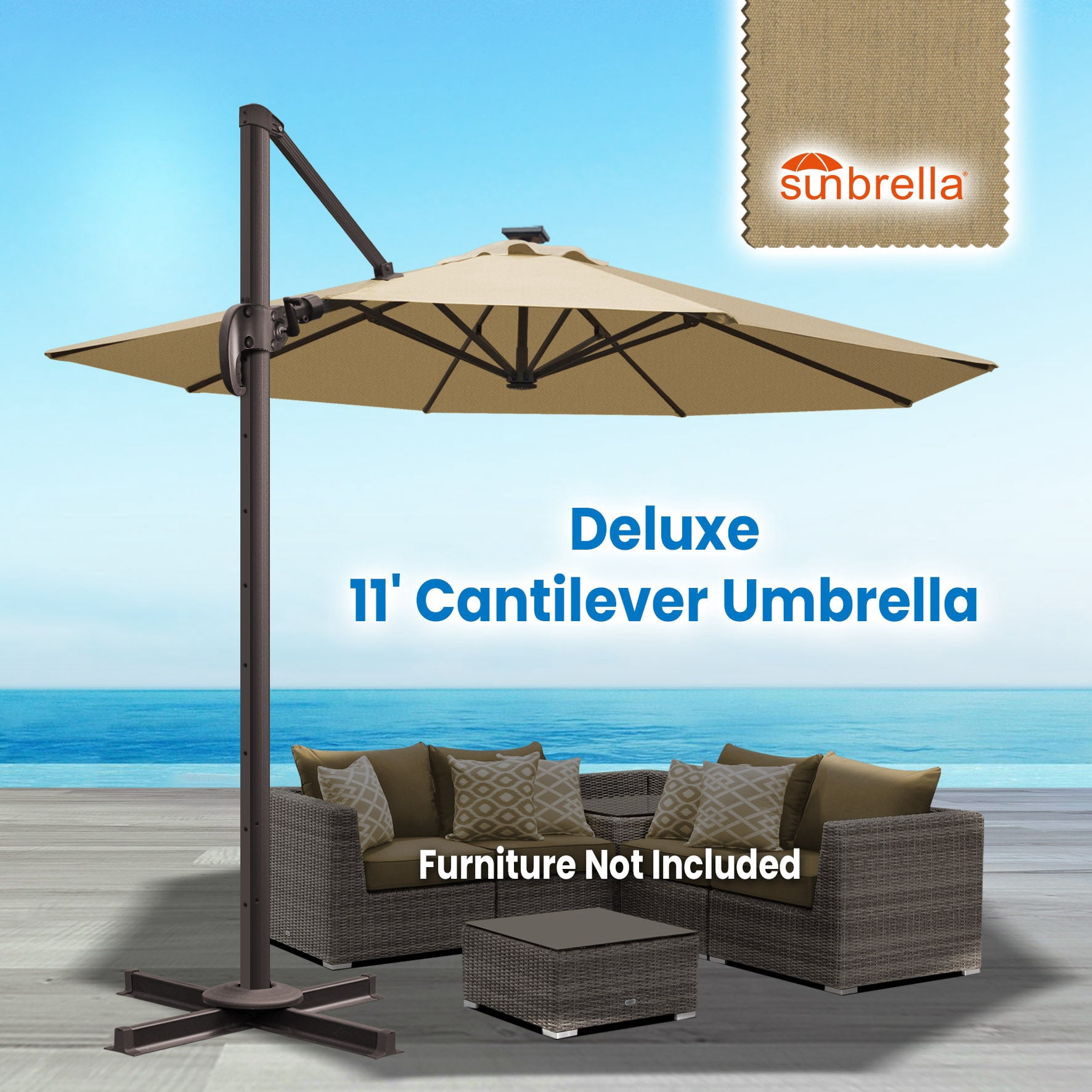 SUNRISEUMBRELLA 11' Deluxe Cantilever Umbrella LED Lighted Umbrella Sunbrella Cover Patio Umbrella Garden Outdoor (Heather Beige)