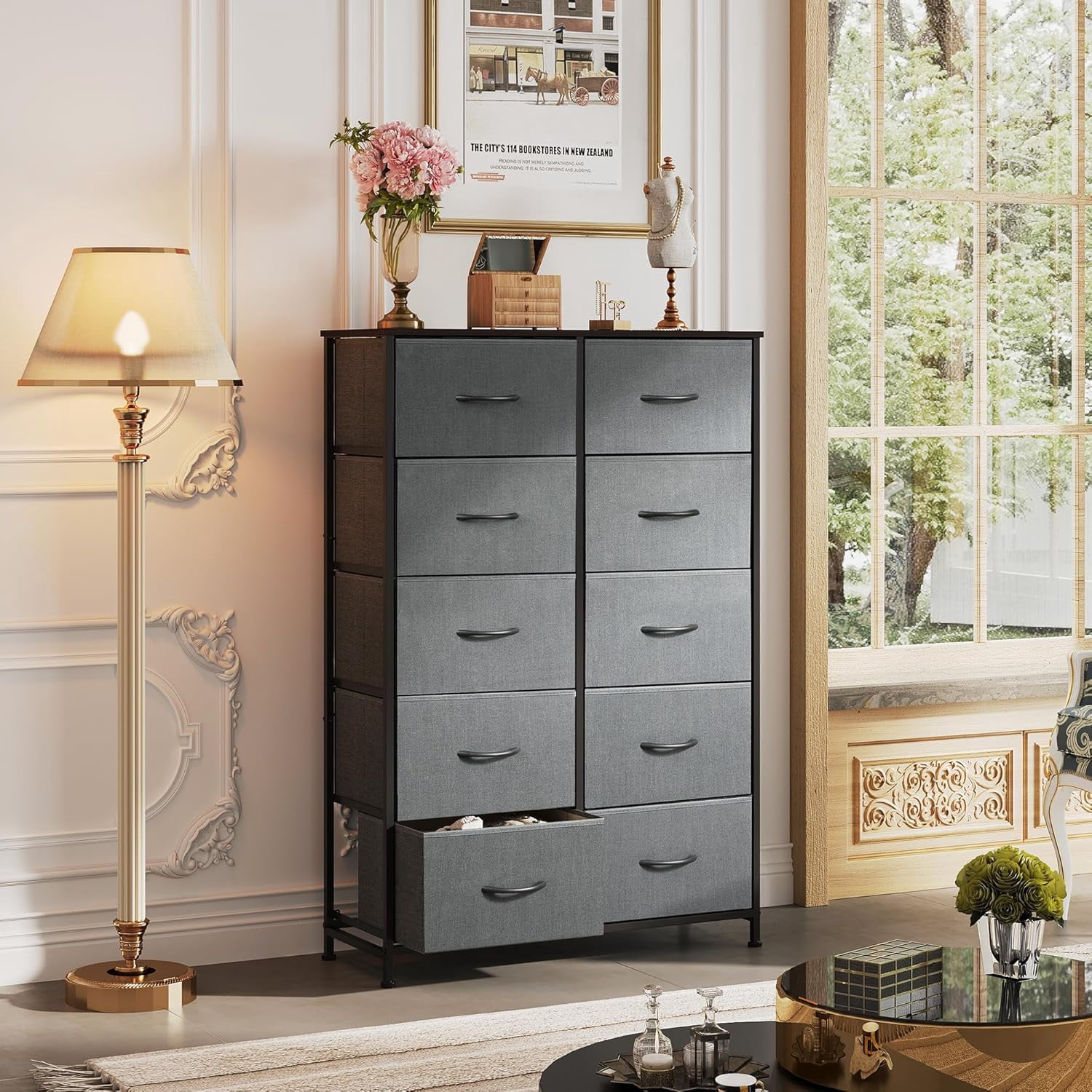 ACCVER 10-Drawer Fabric Dresser with Wood Top & Metal Frame, Closet and Chest for Bedroom, Clothes Storage Organizer, for Living Room, Apartment,Grey