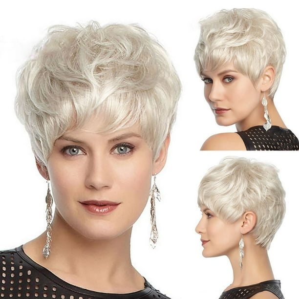Pelucas con flequillo para mujer, peluca ondulada suelta Peluca de cabello liso corto blanco de moda y de moda para mujer con bandas para el cabello
