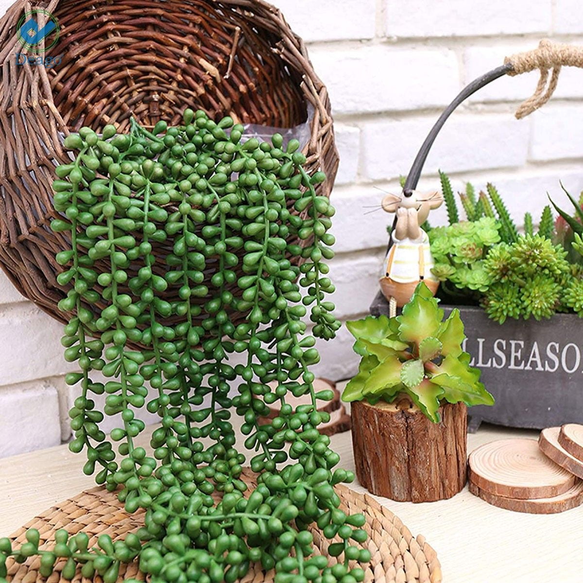Deago 4Pcs 24" Artificial Succulents Hanging Plants Fake String of Pearls Hanging Vine for Wedding Party Home Garden Wall Decoration (Green)