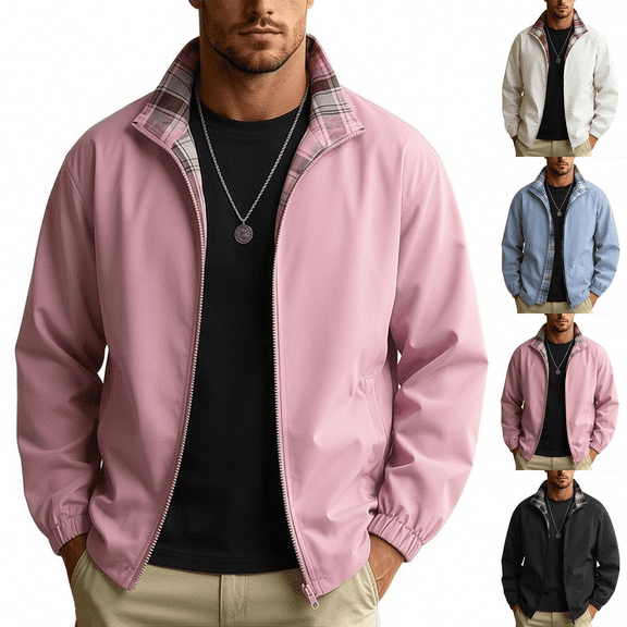 Zeijnsda Mens Jackets Casual Waterproof Warm Jackets Solid & Plaid Double-Sided Wear Coat Outdoor Sports Loose Zipper Outerwear