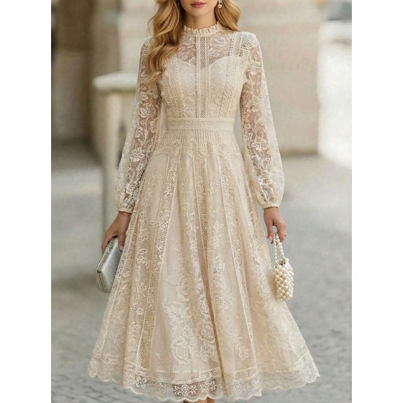 Apricot Womens Elegant Solid Color Lace Dress With Flared Hem Long Sleeve