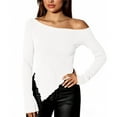 thumbnail image 6 of lulshou Shirts for Women Off-Shoulder Slim Fit T-Shirt Long Sleeve Slant Neck Asymmetric Hem Pullover for Daily Wear, Dates, White, XL, 6 of 7