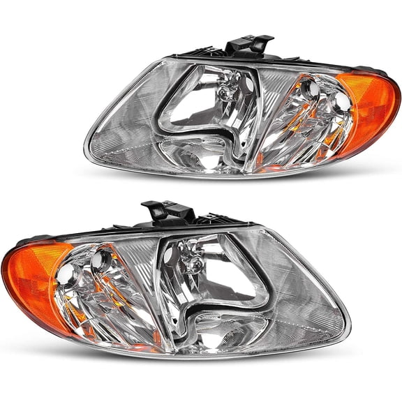 Topautogear for 2001 2002 2003 2004 2005 2006 2007 Dodge Caravan Headlights Assembly Chrome Housing Clear Lens with Amber Reflector Headlight Replacement Driver and Passenger Side
